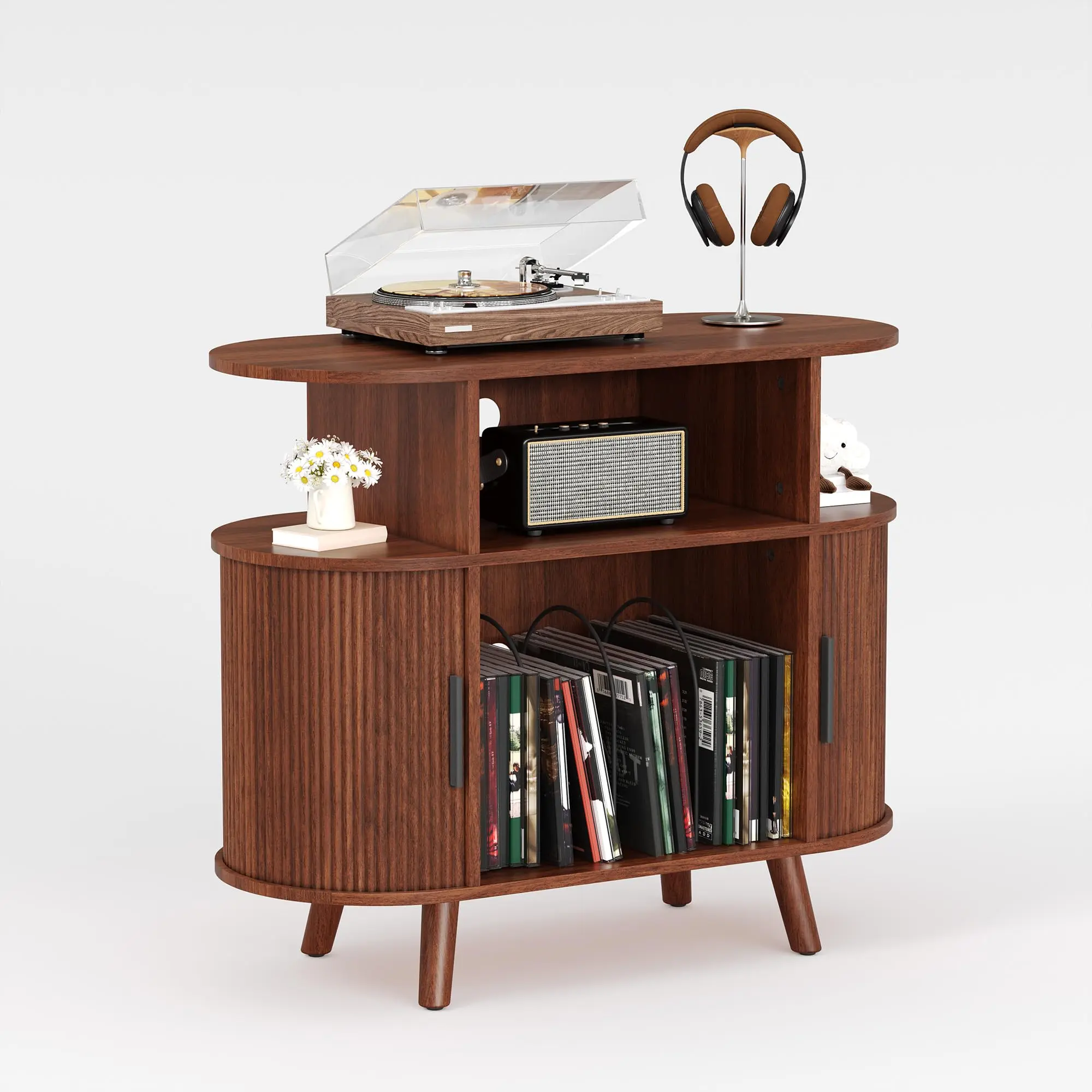 Mid-Century Modern Record Player Stand with Built-in Charging Station – Wooden Turntable Shelf – Open Vinyl Storage Cabinet – Ideal for Living Room or Bedroom
