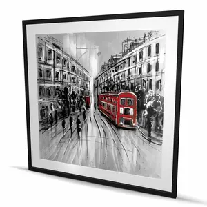 212 MAIN Framed Wall Graphic Print - 48x48 in Artistic Black & White City Scene with Red Bus, Home Wall Decoration Artwork, Home Supplies Posters & Prints