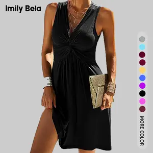 Imily Bela Essentials Women's 2026 Tank Dress V Neck Front Knotted Sleeveless Summer Solid Casual A Line Dress