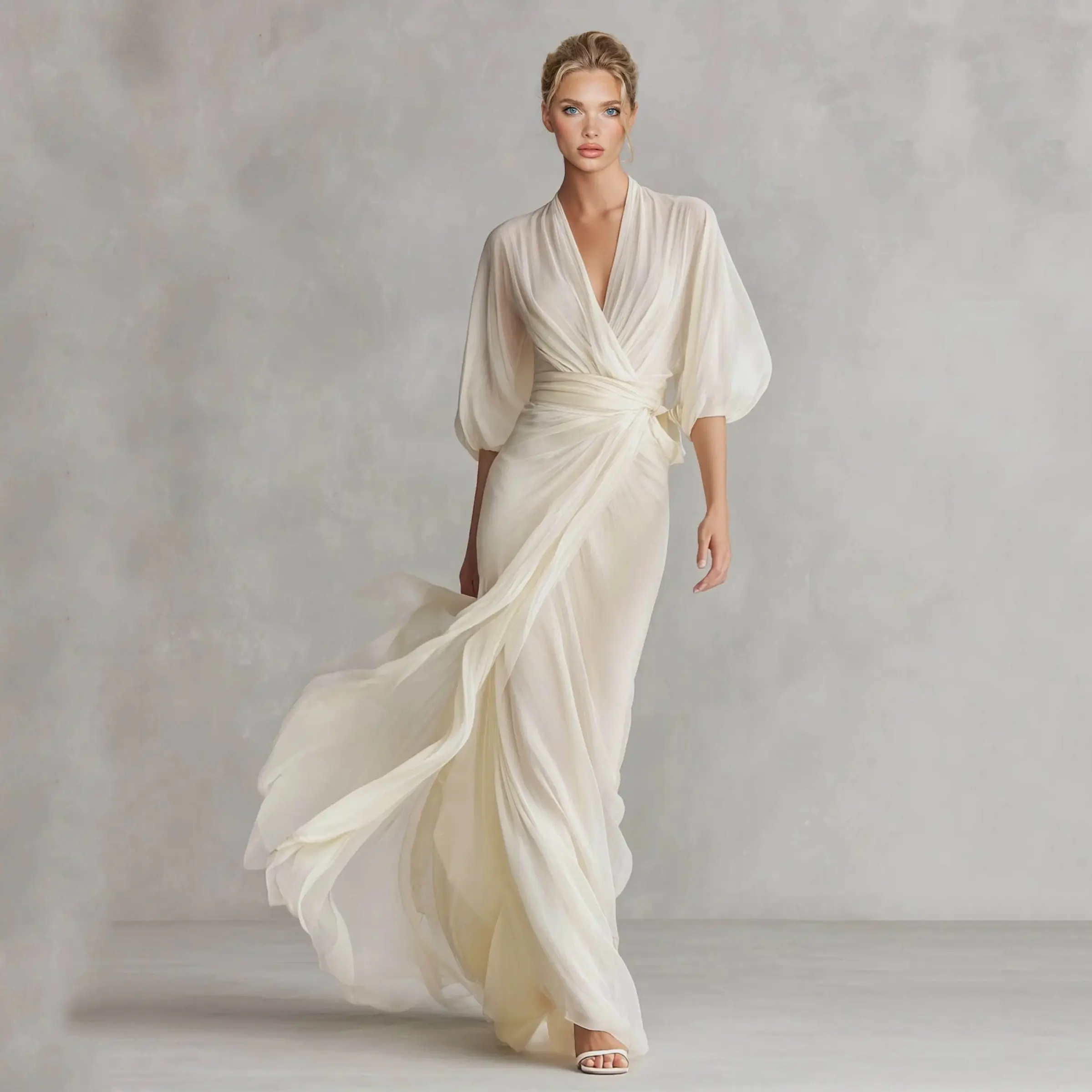 LikeMyChoice Ivory V Neck Lantern Sleeve Wrap Chiffon Maxi Gown Draped High Slit Formal Wedding Guest Dress For Women