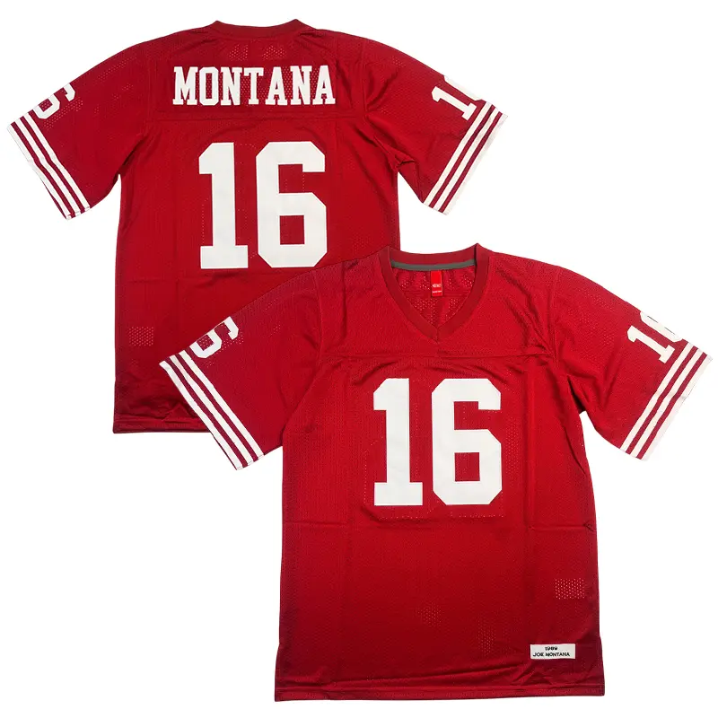 Men's #16 90s Sewing Embroidery Classic V-Neck Red Mesh Ventilation Football Jersey, High-Quality Training Clothes, Montana Old-School Streetwear, Christmas Gift
