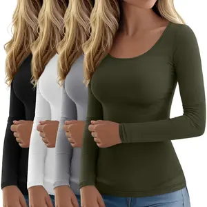 Women's Soft Cotton Stretchy Long-Sleeve Scoop Neck Fitted Tops, Everyday Comfortable Casual Basic Tees, 4-Pack