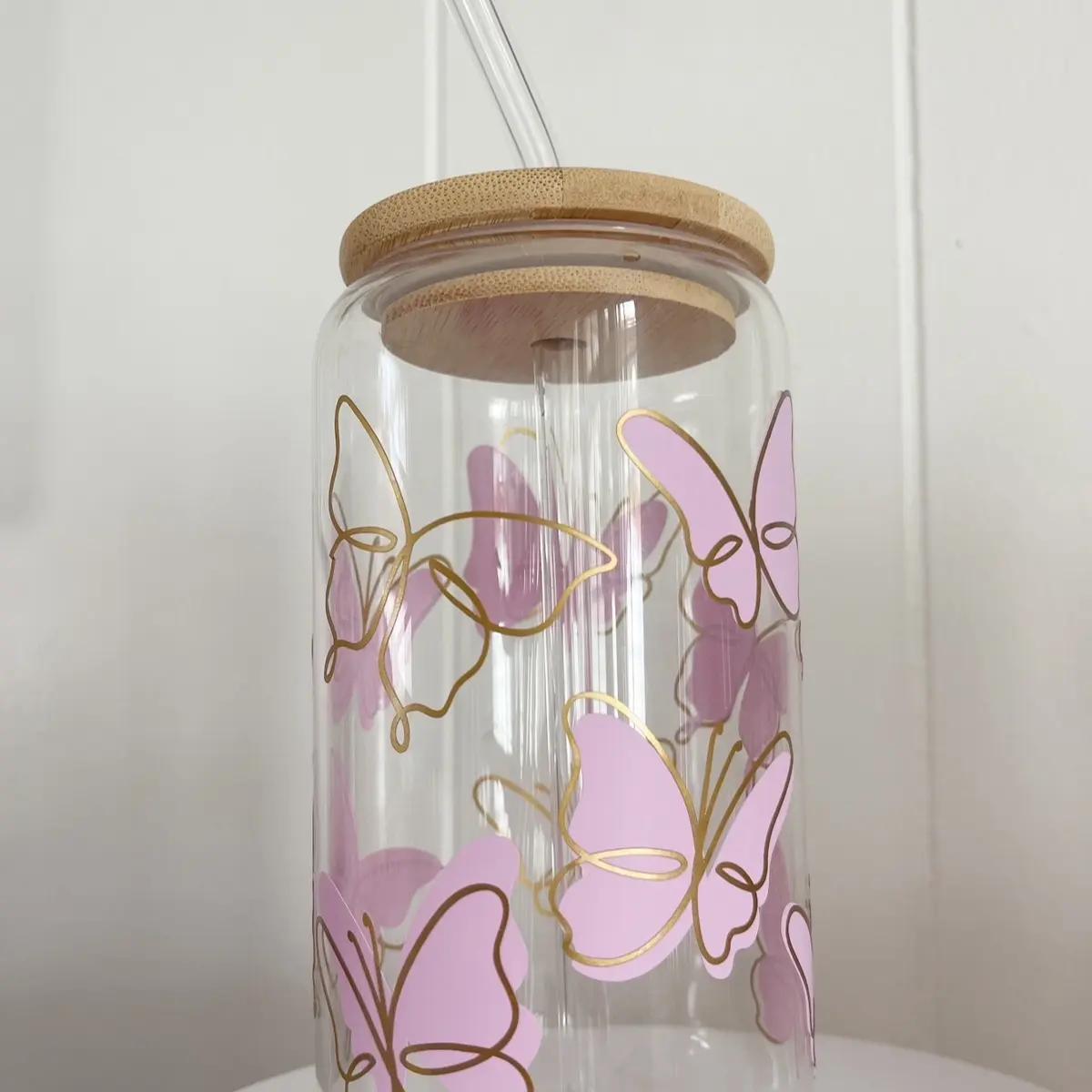 Tammy’s Butterfly Glass Can with bamboo lid and glass straw