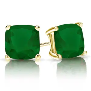 Lab Grown Gemstone Green Emerald Stud Earrings Cushion 1.00 ct. tw. 14k Yellow Gold 4-Prong Basket