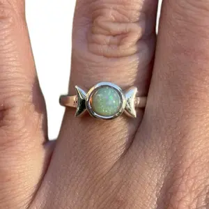 Sterling Silver Ethiopian Opal Ring with Triple Moon Goddess Design