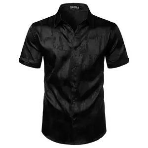 ZEROYAA Men's Shiny Luxury Silk Satin Jacquard Dress Shirt Short Sleeve Button Up Shirts for Party Prom