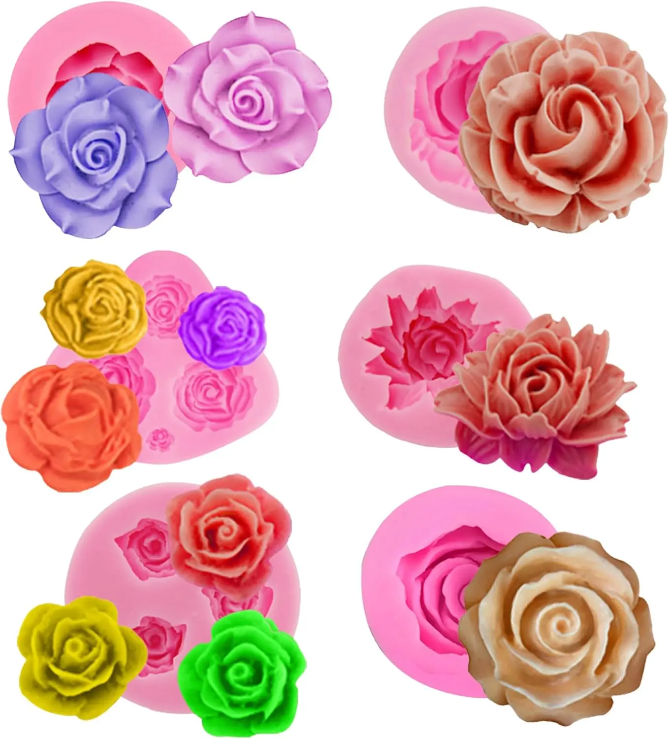 Pack of 6 Peony, Rose, Sunflower Shapes Flower Molds, Resin Casting & Candle Making Molds Use for Candle/Wax/Soap/Clay/Chocolate/Cake, Resin
