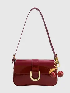 Niche retro patent leather underarm bag design, cherry pendant metal baguette bag, fashionable shoulder bag, generous and advanced, suitable for daily commuting, shopping, dating, attending events, etc., Casual Shoulder Bag