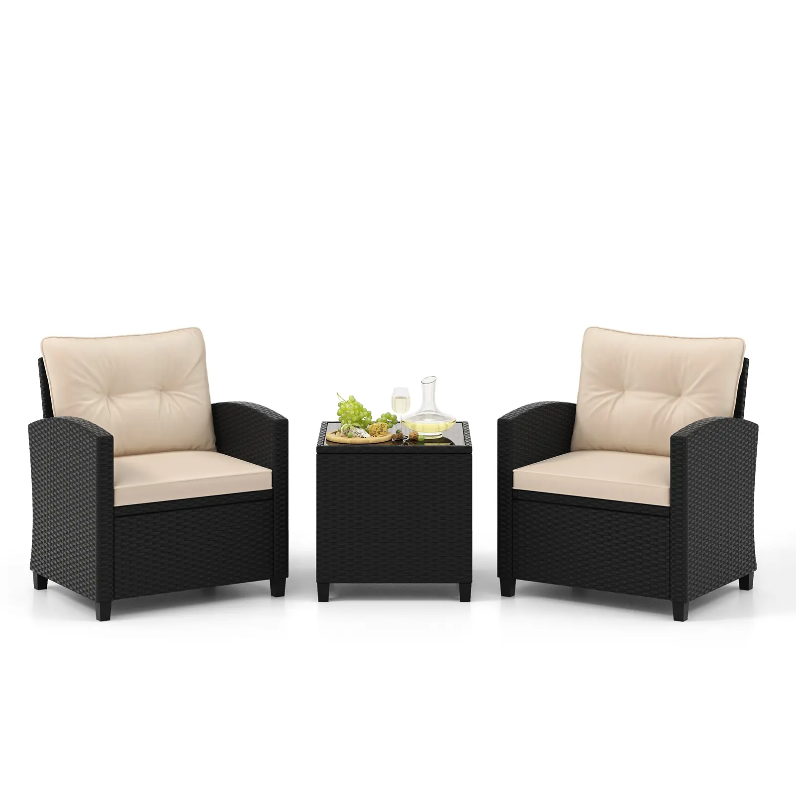 COSTWAY - 3 Pieces Patio Furniture Set with Tempered Glass Coffee Table-Off White