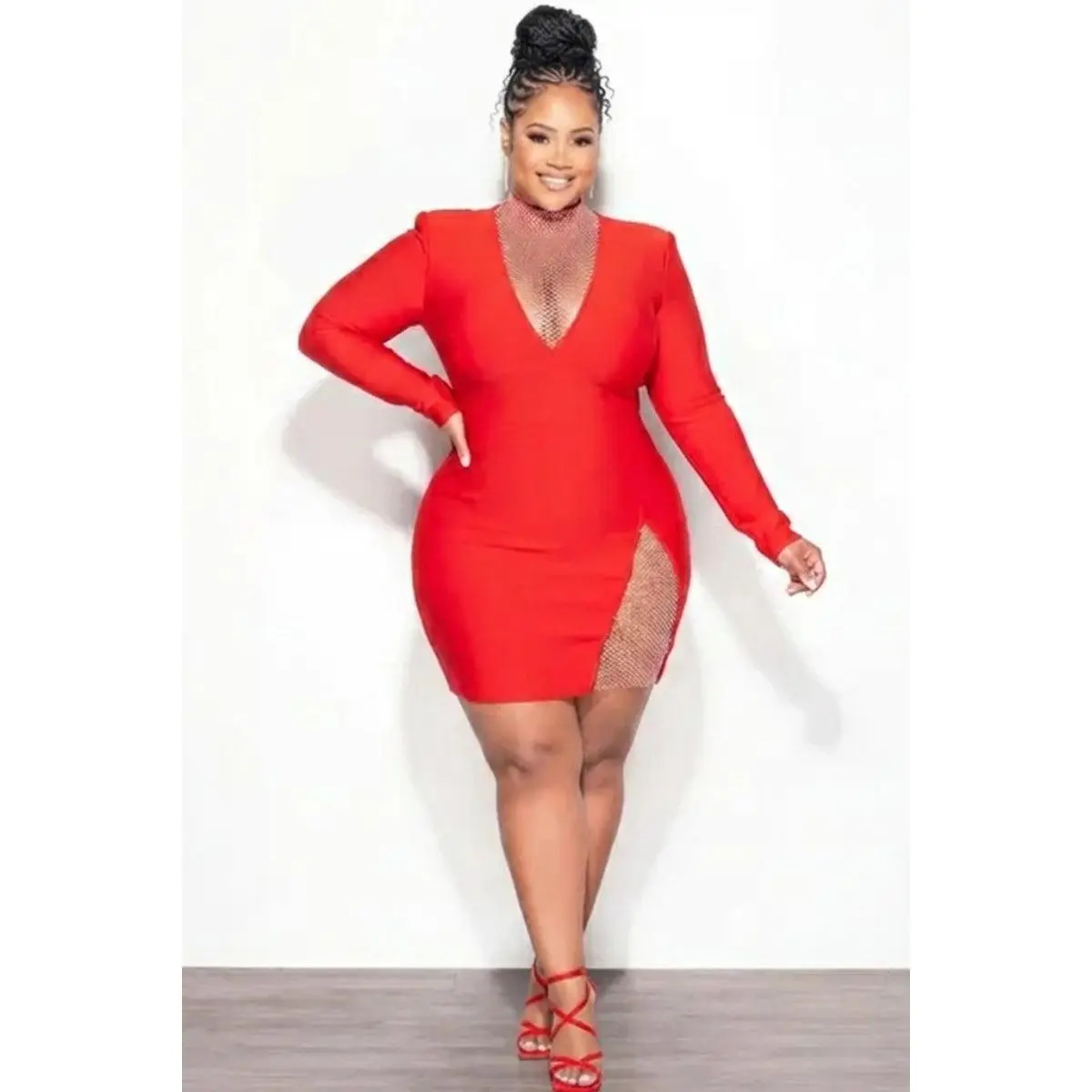 Final Sale Plus Size Bandage Mini Dress in Red with Iridescent Stones
