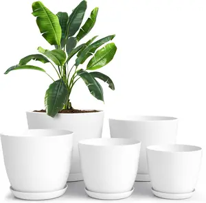 Plant Pots Indoor with Drainage Holes – Set of 5 White Plastic Flower Pots (7/6.6/6/5.3/4.8 Inch) – Modern Planters for Indoor Plants, Room & Office Décor, Great Stocking Stuffers