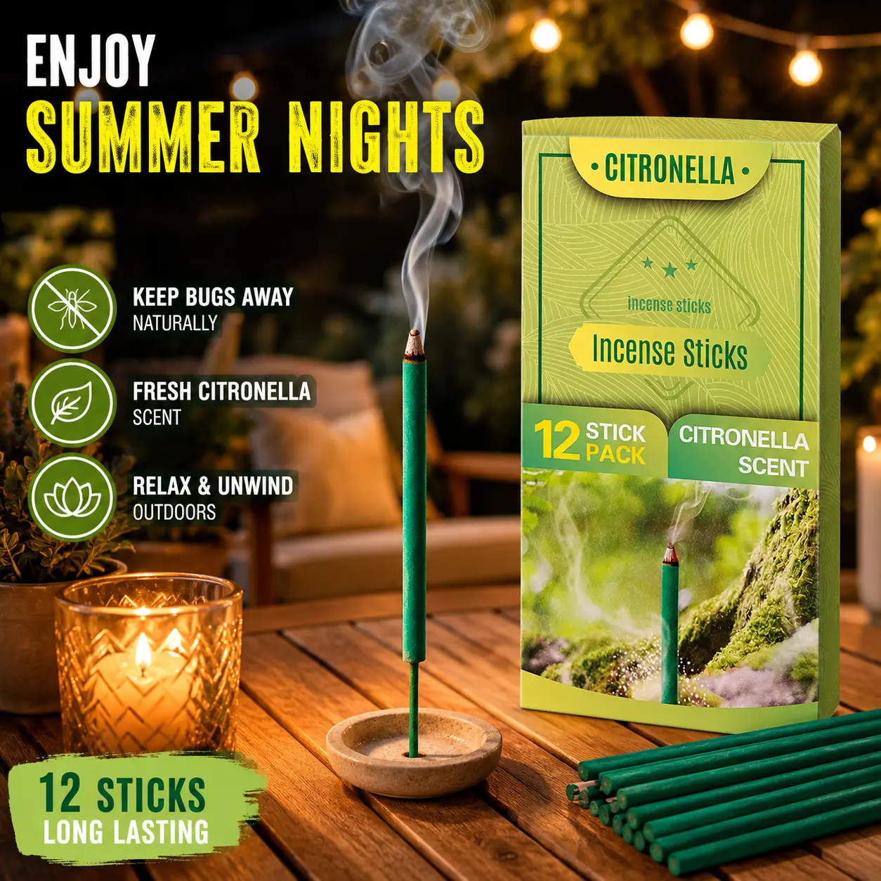 12PCS Citronella Scented Natural Incense Sticks - Aromatic Citrusy Scent, Long-Lasting Lemongrass Fragrance, Woody Aroma Home Fragrance Air Freshener for Patio, Camping tiktokshopbacktoschool