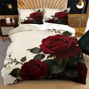 Romantic rose minimalist printed pattern soft and durable bedding duvet set, including 1 duvet cover and 1 or 2 pillowcases, without a core or pillow, suitable for gifts for teenagers and adults, modern style fashionable bedroom bed decoration