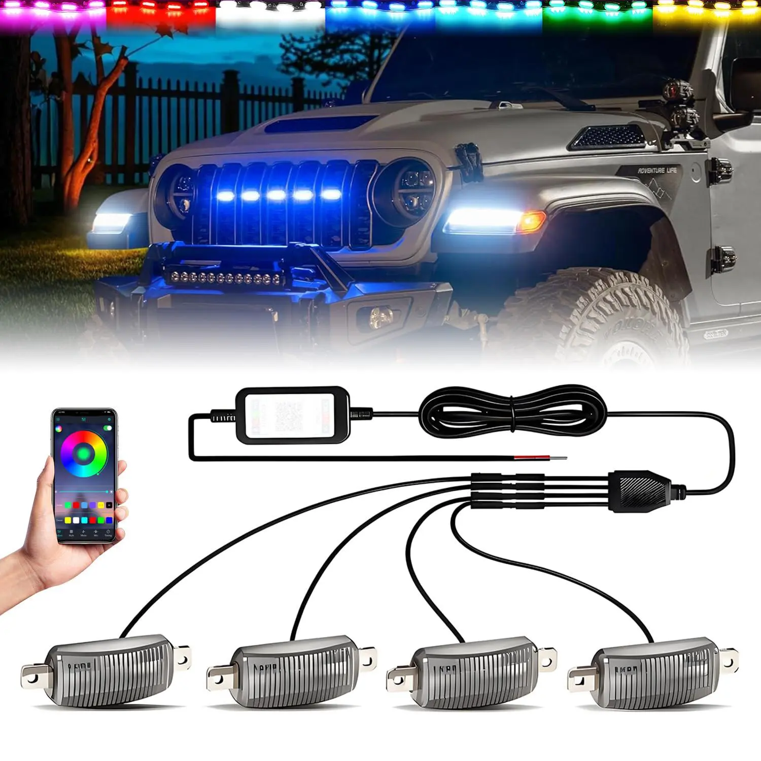 DIBMS RGB LED Grille Lights for Cars, App Controlled Front Grill Light Bar with Multi Color Modes, Waterproof Exterior Accent Lights for Truck SUV Jeep Off Road Accessories