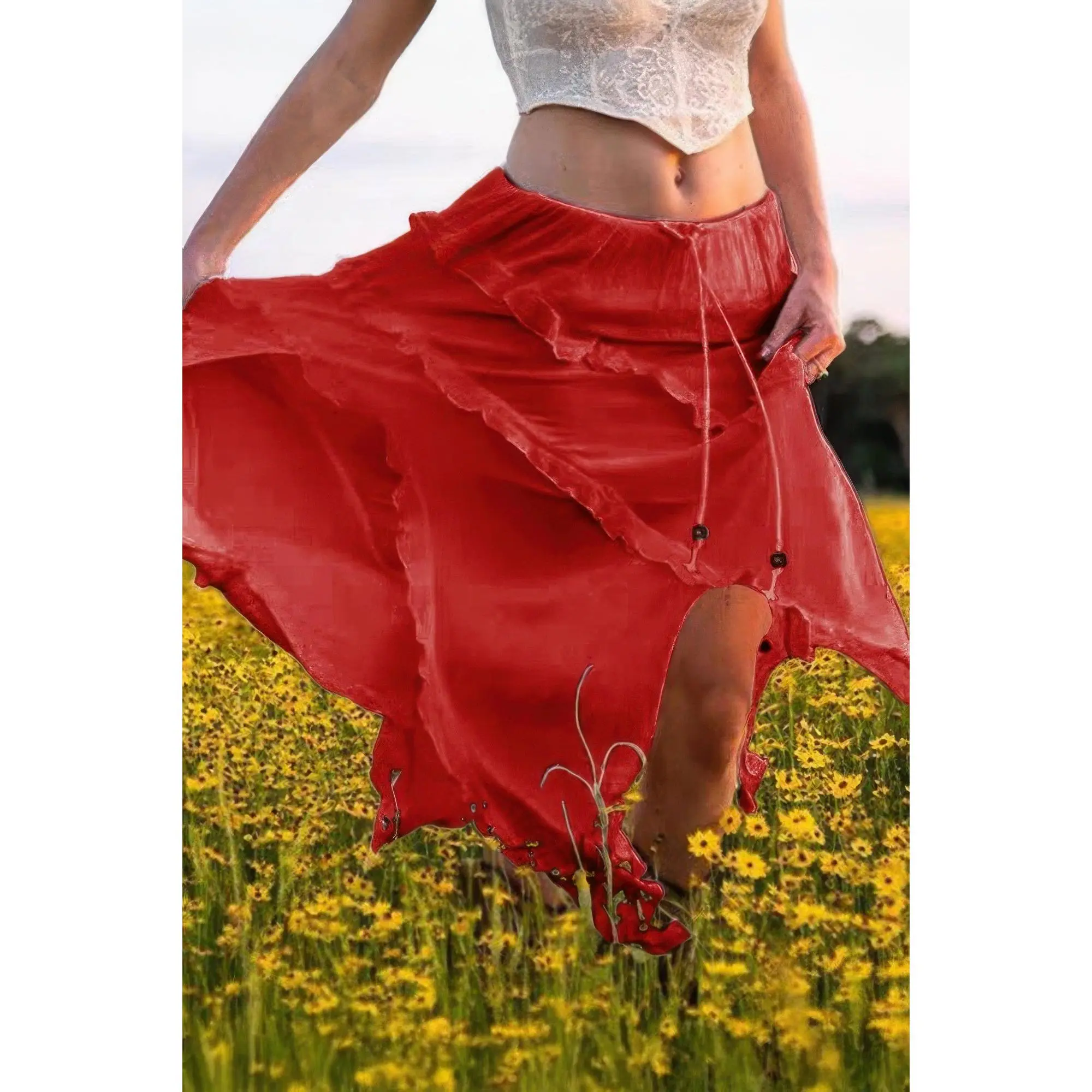 Solid Ruffle Drawstring Waist Asymmetry Hem Skirt