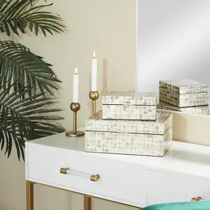 Set of 2 Geometric Beige Mother of Pearl Shell Handmade Decorative Box with Hinged Lid