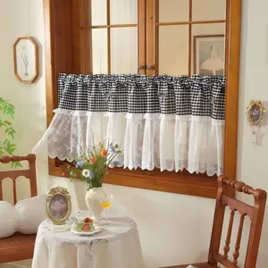 1panel Clear Grid Lace Embroidered Semi-Transparent Small Curtain, Rod Pocket Hanging, Suitable for Bedroom, Balcony, Dining Room, Living Room, Kitchen, Cabinet, Coffee Curtains, Home Decor