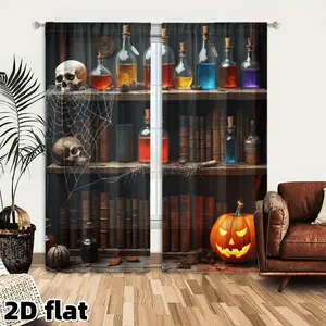 2D Flat 2Pcs Halloween Magic Potion Window Curtains Gothic Library Bookshelf Pattern Pumpkin Print Rod Pocket Polyester Semi Sunshade Drapes for Living Room Bedroom Kitchen Study Office Party Festival Home Decor