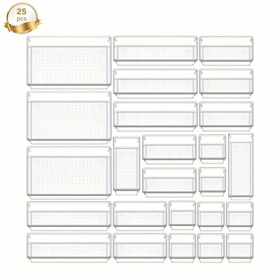 25pcs Clear Plastic Drawer Organizer Set, 4 Sizes Multi-Functional Bathroom & Vanity Drawer Organizers, Makeup, Kitchen & Office Storage Boxes, Household Storage Containers, Mother's Day Gift