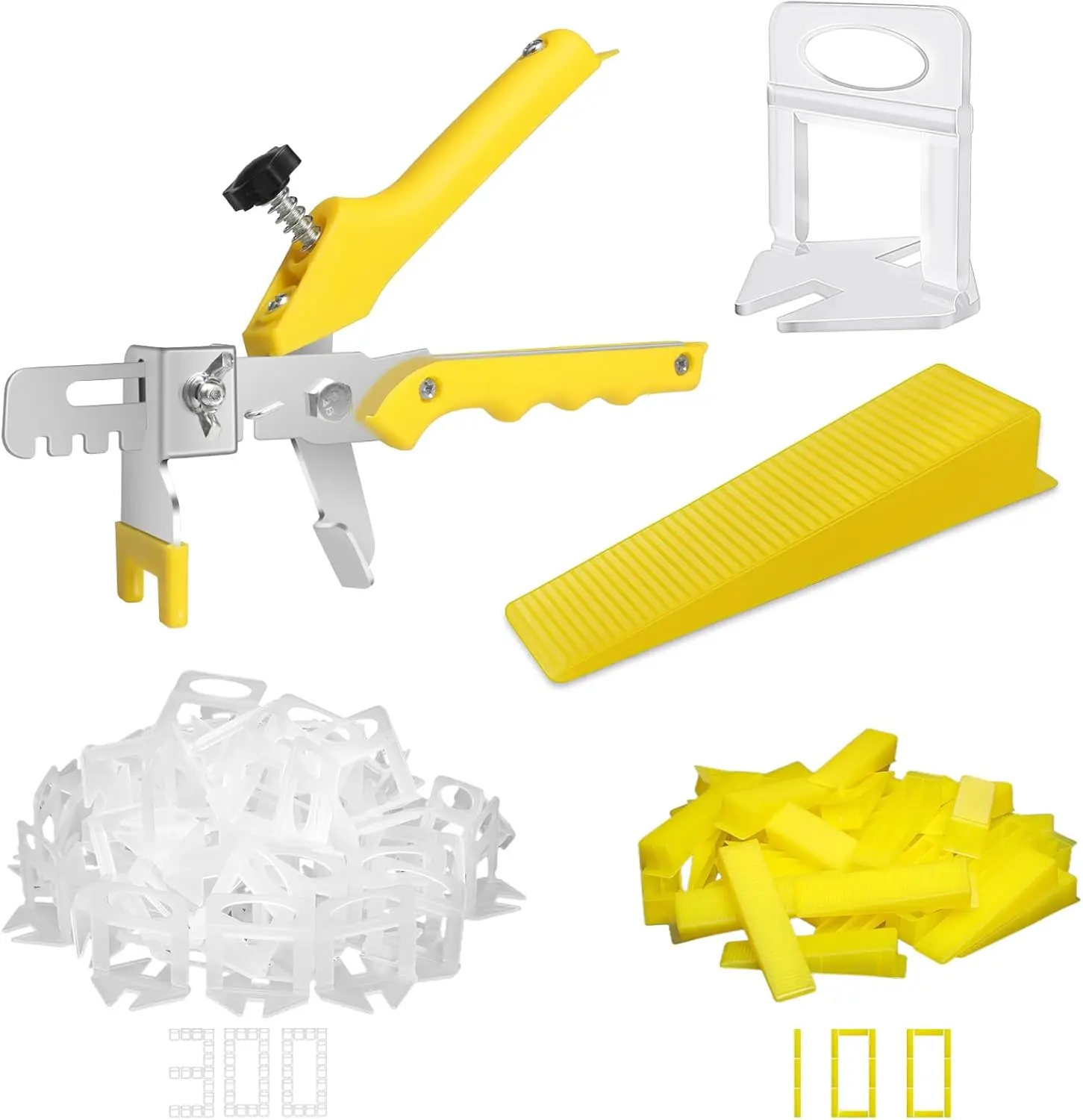 Tile Leveling System with Tile Plier - 300- Tile Spacers Clips and 100-  Wedges - Tile Tools Set for Stone Installation (1/8 Inch Tile Spacers)