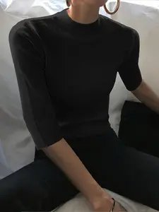 2026 New Fashion Elegant Classy Tops Women's Simple Style Minimalist Basic Casual Short Sleeve Stand Collar Solid Ribbed Knit Sweater Top, High Neck Knit Fabric Pullover Knitwear, Stylish Ladies' Clothing Womenswear, Collared Jumper