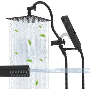 10'' cUPC Certified High Pressure Rainfall Shower Head Combo with Handheld Shower Wand, 12'' Adjustable Extension Arm, 4-Spray, 71'' Hose, Brass Shower Holder, Matte Black