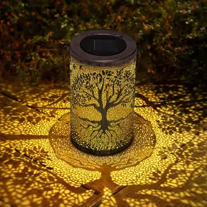 Hollow Tree of Life Solar Lanterns - Metal Frame 18x10cm Outdoor Waterproof LED Hanging Lights, Sun Charging Auto On/Off, Durable for Garden, Pathway Decor
