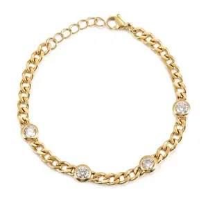 stainless Steel White zircon Bezel Link Chain Bracelet