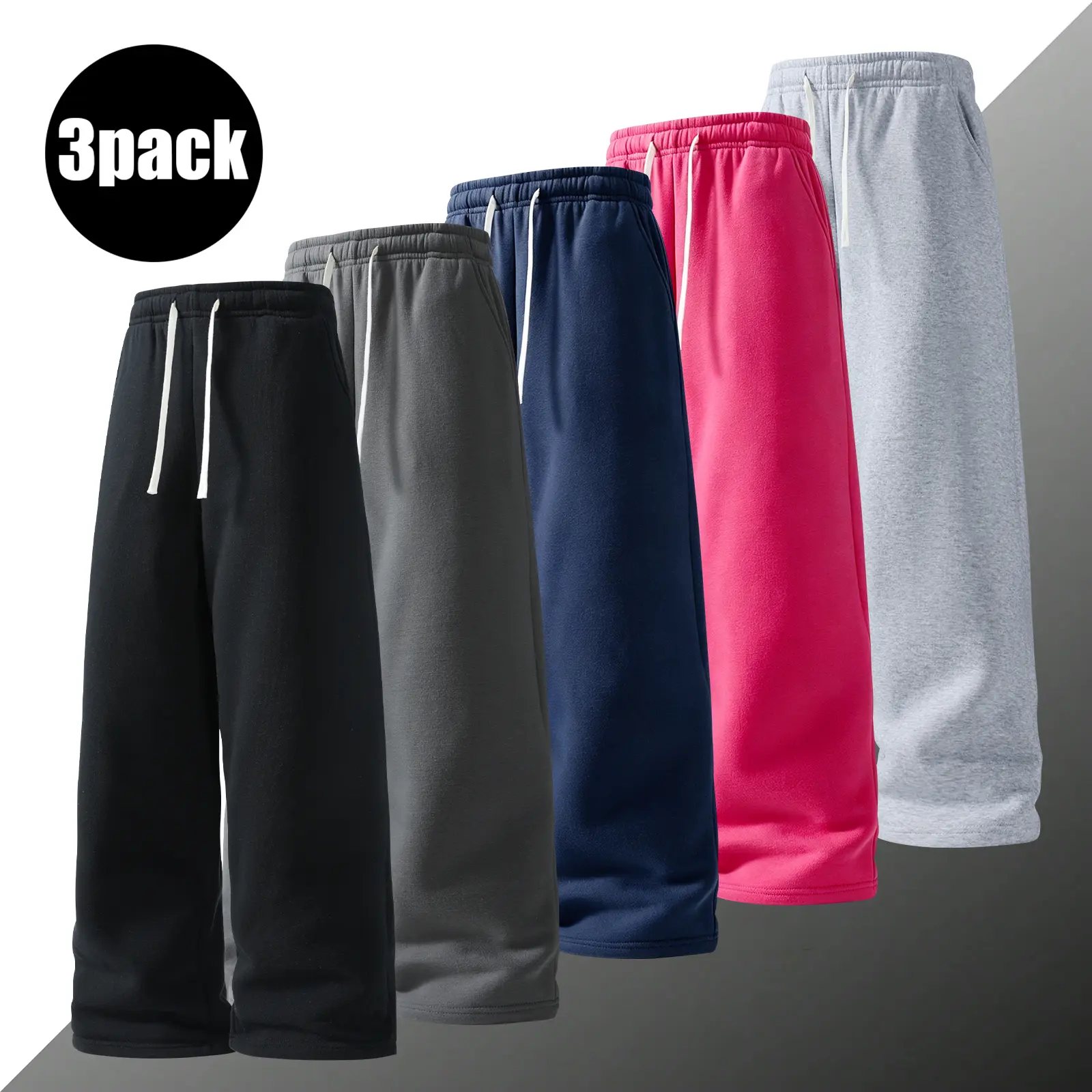 3-pack men’s long pants featuring an elastic waistband and drawstring design; casual loose straight athletic pants in solid colors that are versatile—suitable for home wear, everyday outings, commuting, and fitness training.