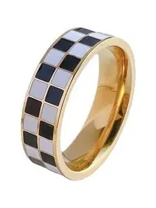 Checkerboard Bands Statement Finger Ring 14K Gold Black White Titanium steel Ring Size 5-10