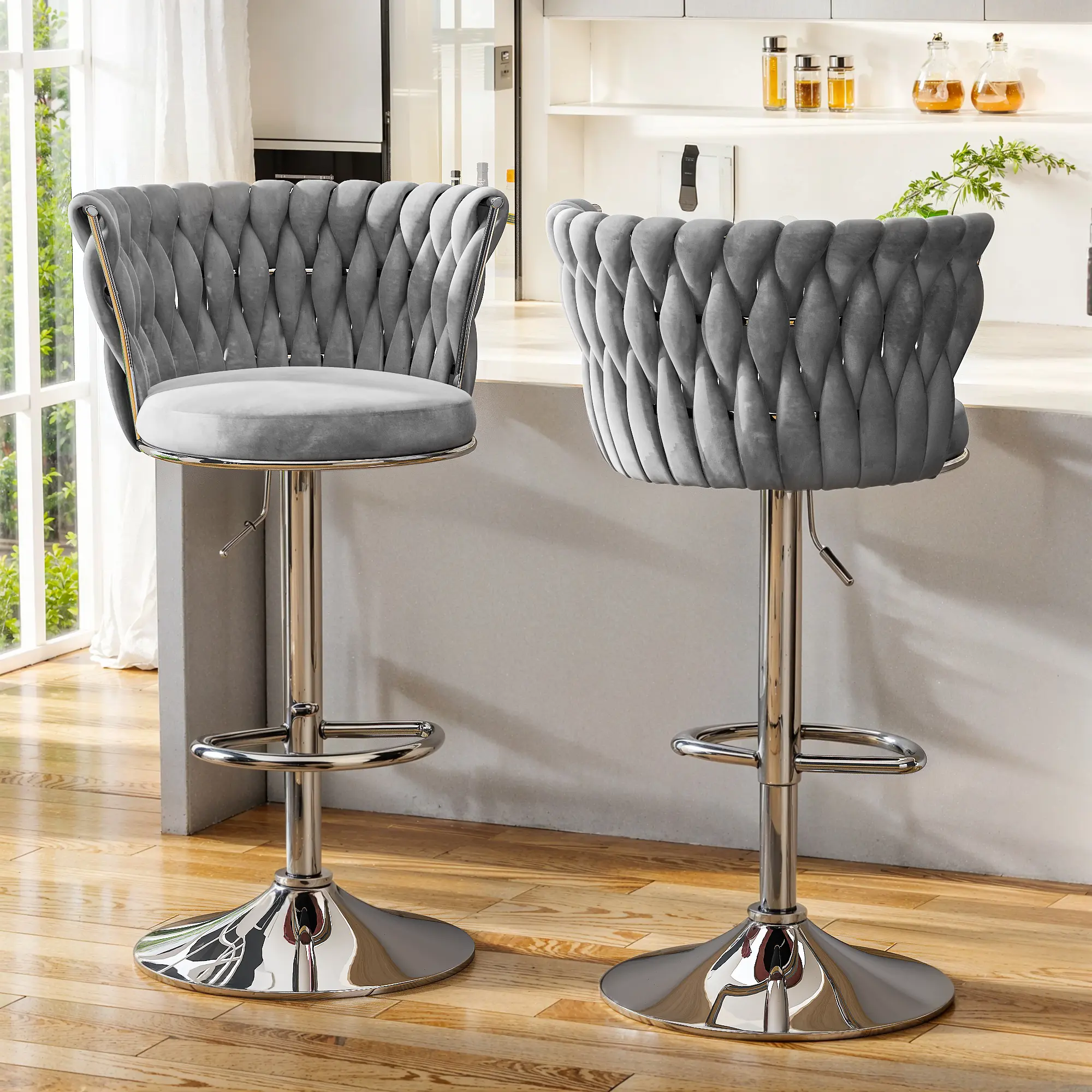 AWQM Velvet Bar Stools Set of 2, Modern Swivel Bar Chairs with Adjustable Height, Upholstered Kitchen Island Chairs,,Beige, Black, Pink,Grey.excellent gift for Christmas and New Year. cozyhome