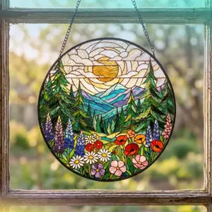 Forest Mountain Stained Glass Suncatcher – Nature Window Hanging – Mother’s Birthday Gift for Mom