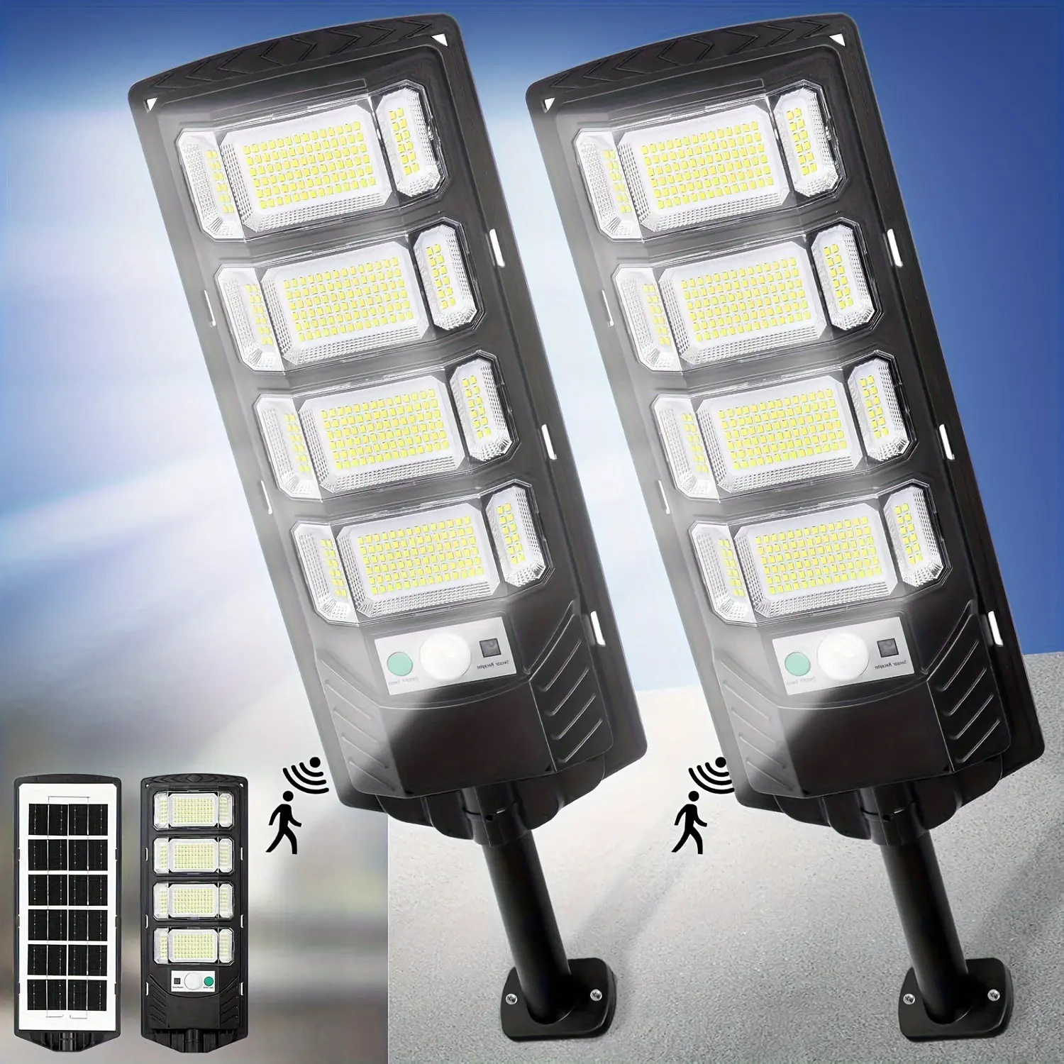 Upgraded Solar Street Light, Dusk-To-Dawn Sensor, Motion Sensor and 3/5/8 Hours Timer, Remote Control, 320° Triangular Lighting, Waterproof Ip65, Ideal for Garage, Patio, Yard, Solar Outside Lights