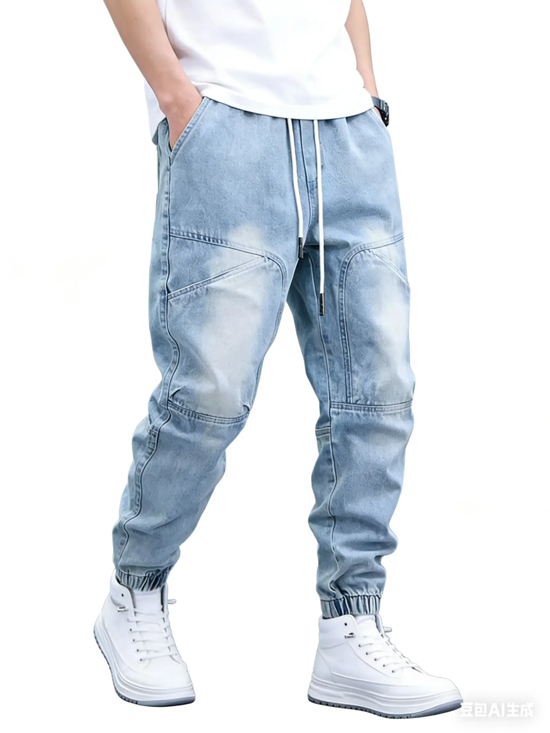 Men’s jeans, jogger pants, suitable for men’s outfits, elastic waistband design, outdoor sports