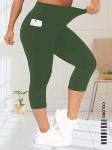 【plus size】 solid/leopard pattern high waist pocket capri leggings, slim fit casual comfort basic skinny capri pants for daily womenswear, leggings for women, women's bottoms for summer, pants for women, activewear, capri leggings pockets