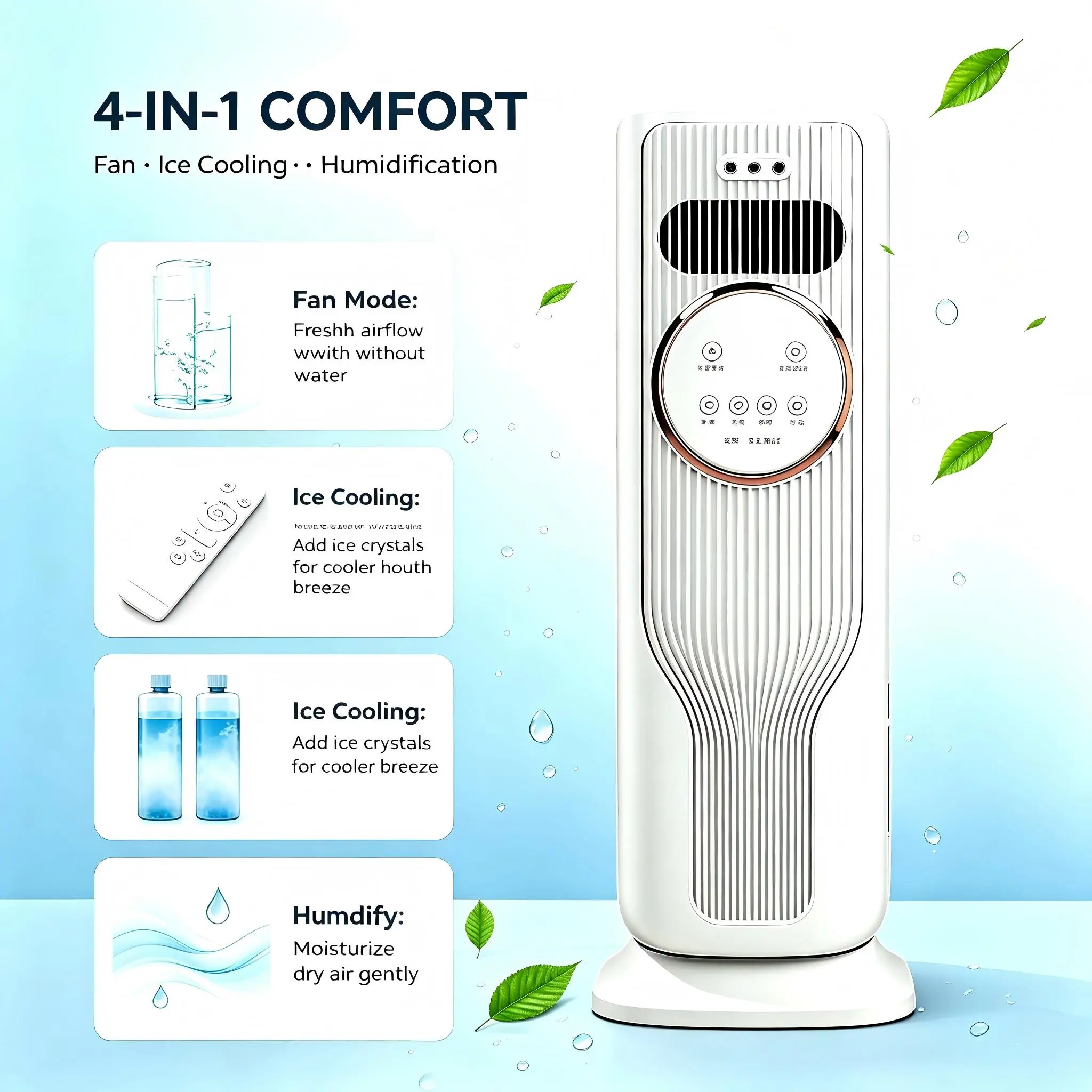 All Season Cool Heat Bladeless Ice Crystal Air Cooler, Portable Oscillating Tower Fan with Humidifying Mist Atomizer, Quiet 12H Timer Personal Evaporative Cooling Fan for Home Office Bedroom
