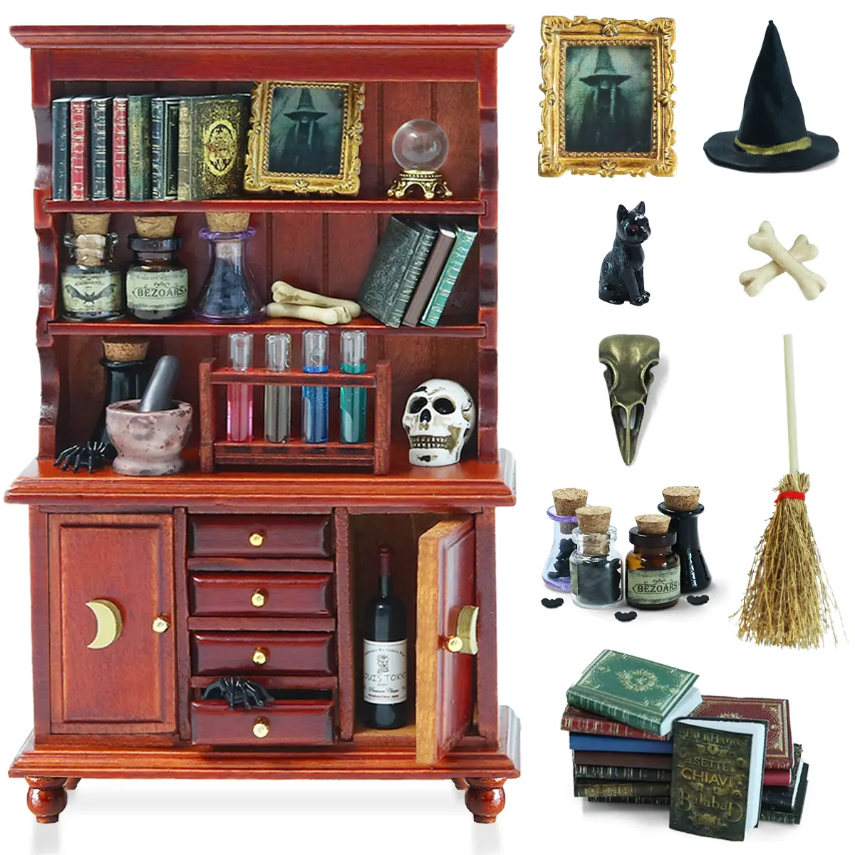 BEIREG 1/12 Scale Handmade Wooden Bookshelf Furniture Set, Dollhouse Miniatures with Magic Bottle Potion, Holiday Gift Decor for Kids, Doll House Playset