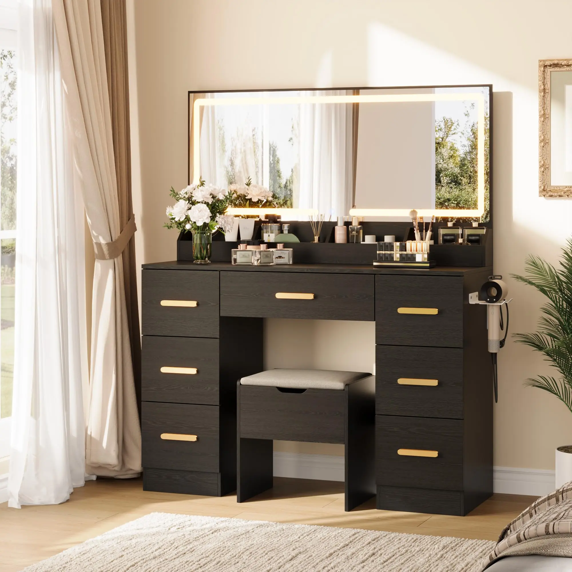 【GARVEE】Modern Vanity Desk with Large LED Mirror & Built-in Power Outlet, 8 Drawers Makeup Table with 3 Adjustable Lighting Modes, Dressing Table for Bedroom or Powder Room