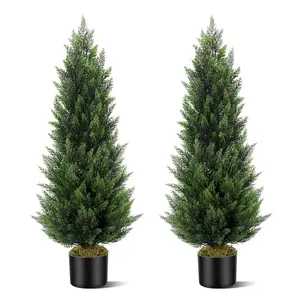 3/4/5ft 2 Pack Artificial Snow Pine and Cypress Yard Front Porch Decoration Artificial Plant Boxwood Christmas Decoration Fruit Wooden Ornament