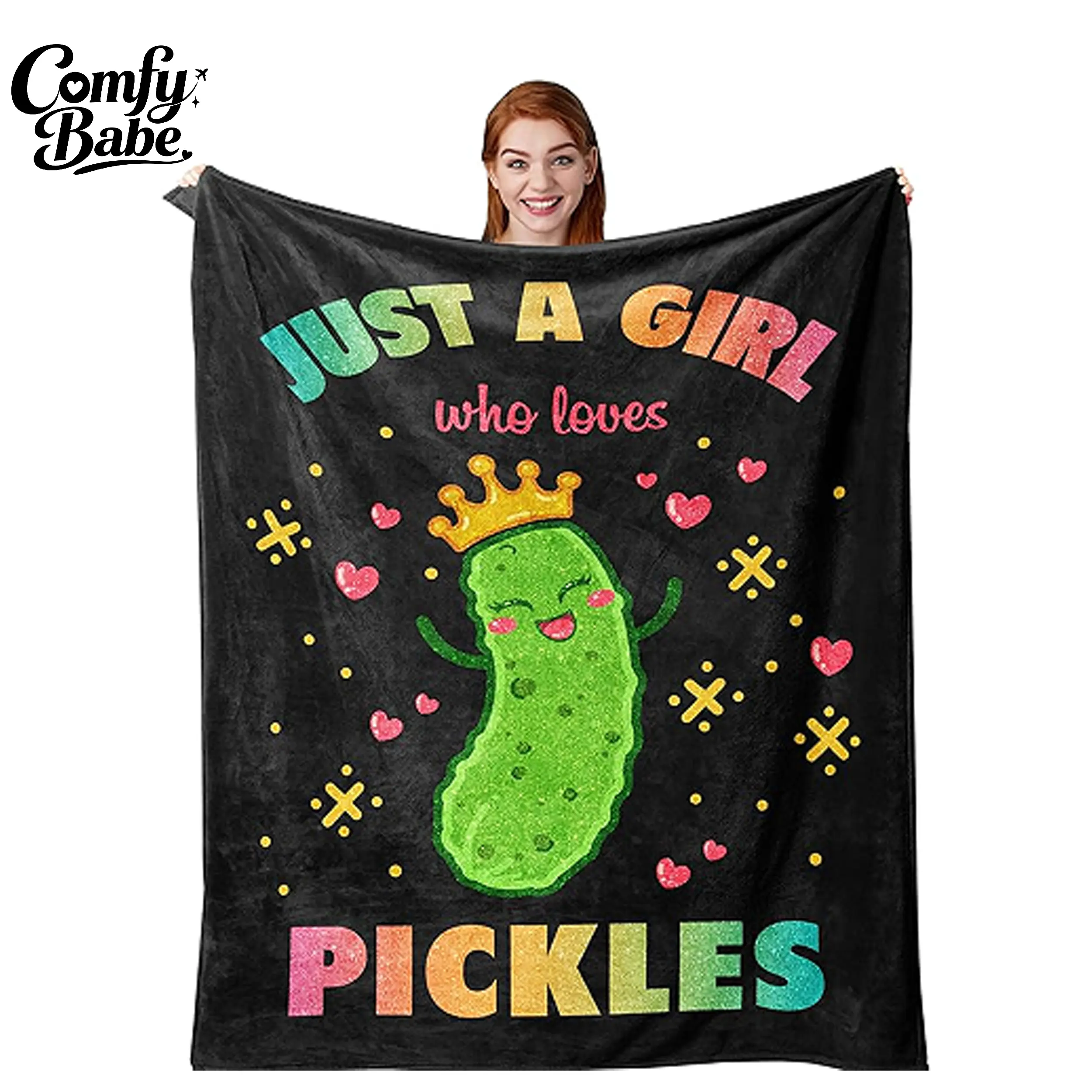 Just A Girl Who Loves Pickles Blanket | Funny Crown Pickle | Aesthetic Glitter | Weird Cute Gift | Cozy Soft Bed Blanket
