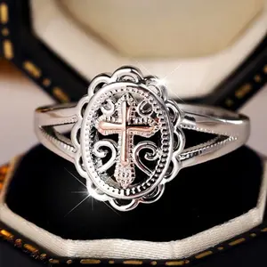 Women's S925 Sterling Silver Cross Ring | Retro Engraved Niche Design | High-End INS Style | Light Luxury Religious Jewelry,Gift for Mom