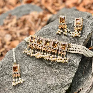 Pakistani choker set with earrings and tikka in champagne