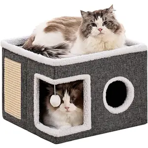 Cat Beds for Indoor Cats, Large Cat Cave with Fluffy Ball and Scratch Pad, Foldable Cat Scratch House with Hideaway Condo for Kitten