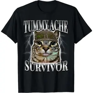 Tummy Ache Survivor Cat Meme Funny Saying Cats Animals Summer Casual Shortsleeve Cotton T-Shirt