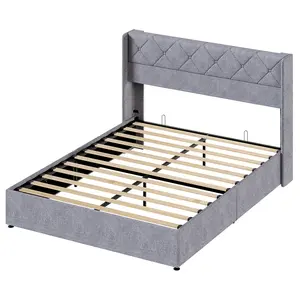 Large-sized lifting storage bed, soft-padded platform bed frame, headboard with backrest, hydraulic lifting storage bed