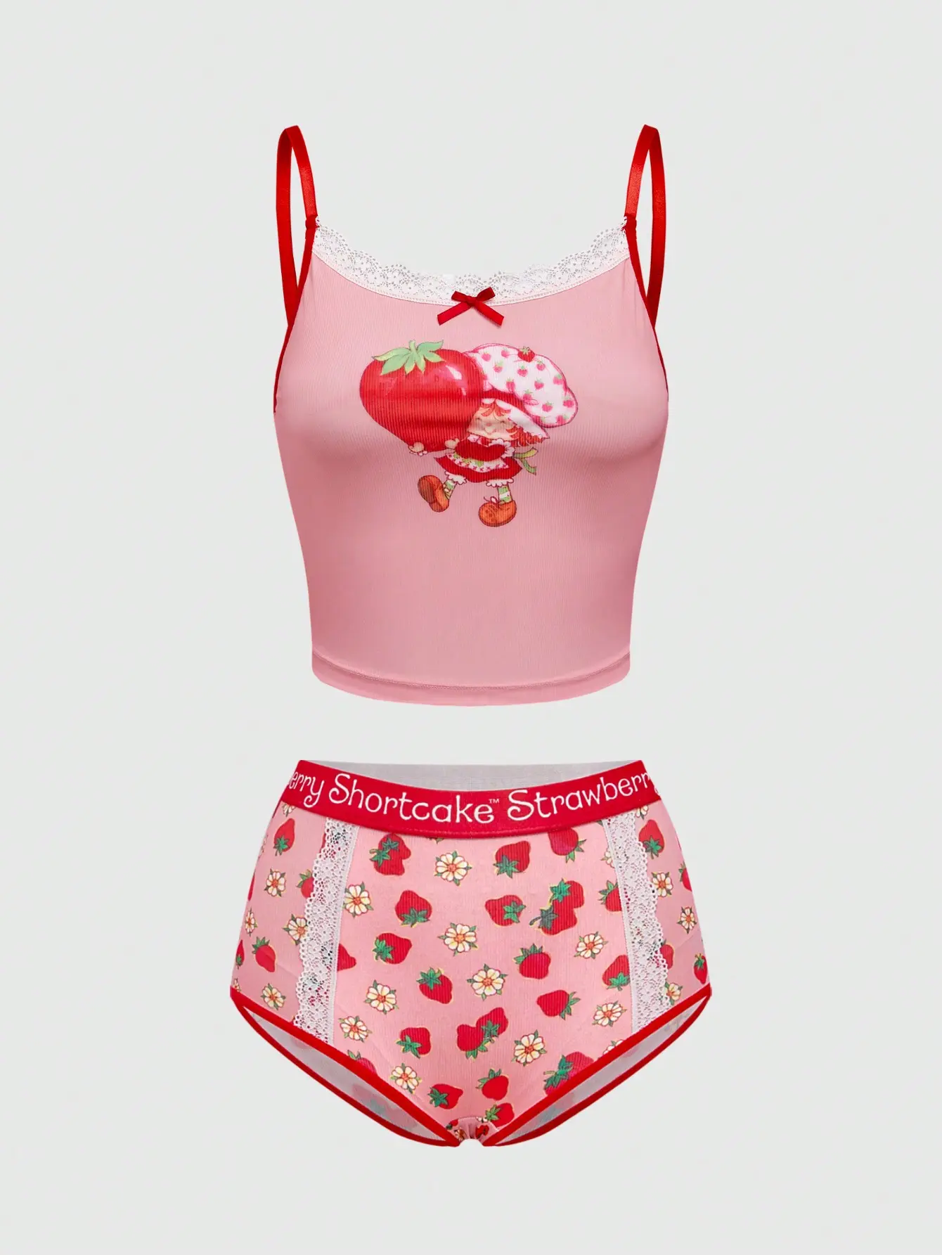 Women's 2-Piece Lingerie Matching Set, Cute Strawberry Print Wireless Bra and Panty with Ruffle Contrast Lace, Comfortable Gift, High Waist, Brief
