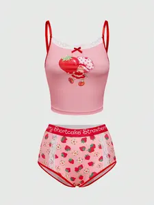 Strawberry Shortcake Strawberry Print Wireless Contrast Lace Bra & Panty Set