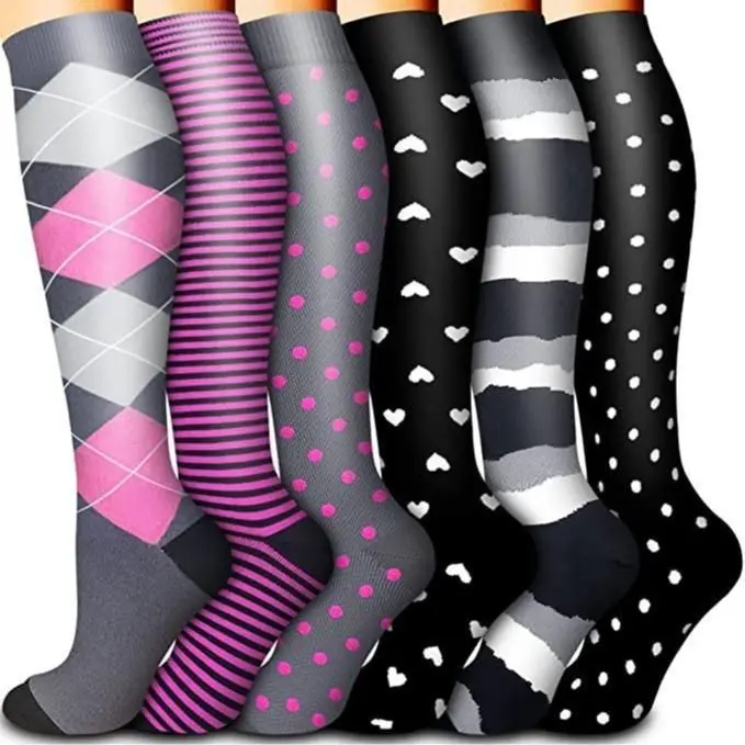 MhzyCaus  6-Pack Women's Compression Socks, Lightweight Breathable Sport Compression Socks with Elastic Fit, Moisture-Wicking Calf Length Socks, Fun Pattern Casual Socks for Work, Running & Travel