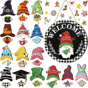Interchangeable Wooden Gnome Decor Holiday Seasonal Gnome Decorations with Magnet Pieces and Detachable Hats Changeable Welcome Sign for Home(Trendy Style)