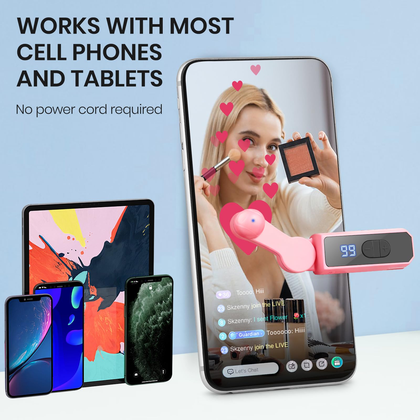 TikTok Smartphone Clicker, compatible with iPhone, iPad, and Android devices, featuring adjustable speed and a rechargeable automatic clicking mechanism—an instant clicker designed specifically for live-stream liking and social media tasks